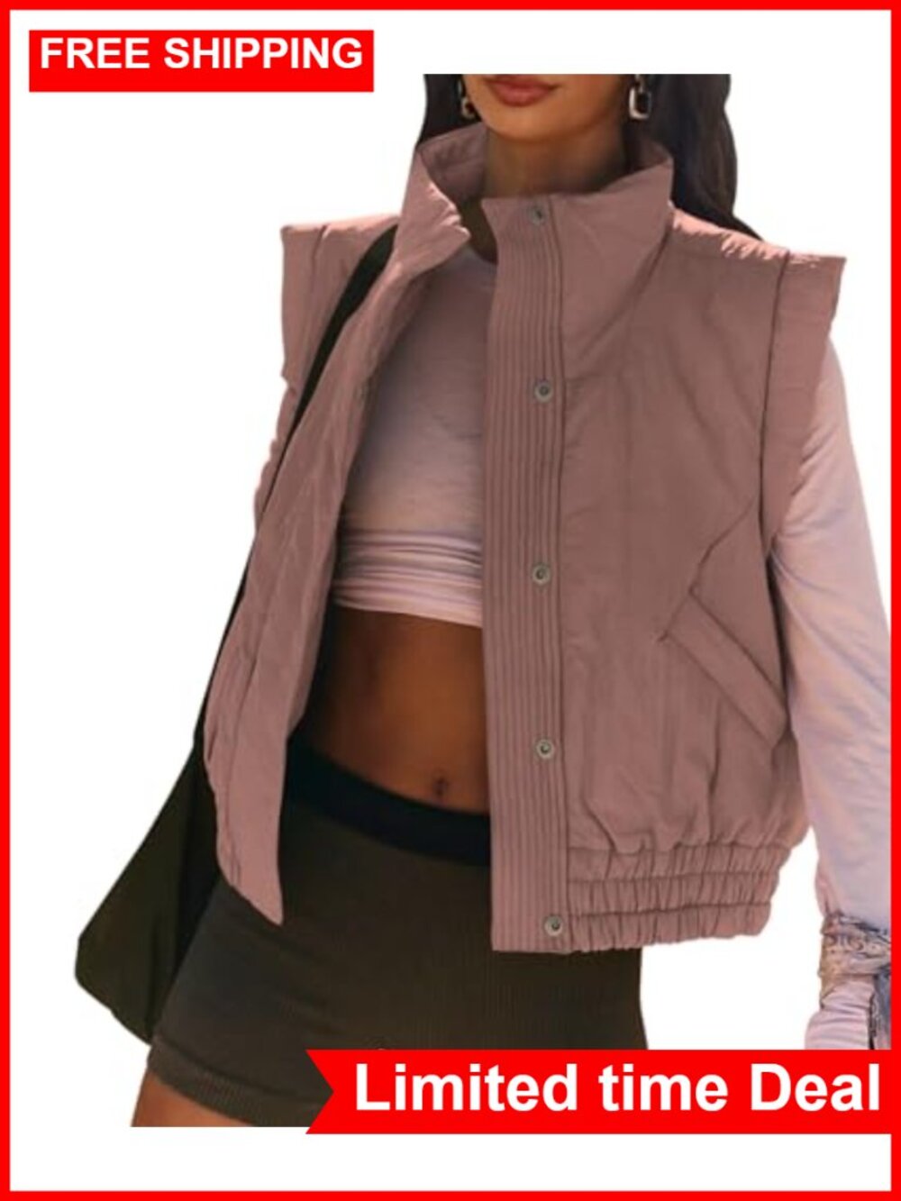 Lightweight Quilted Puffer Vest Crop Button Down Sleeveless Winter Outerwear